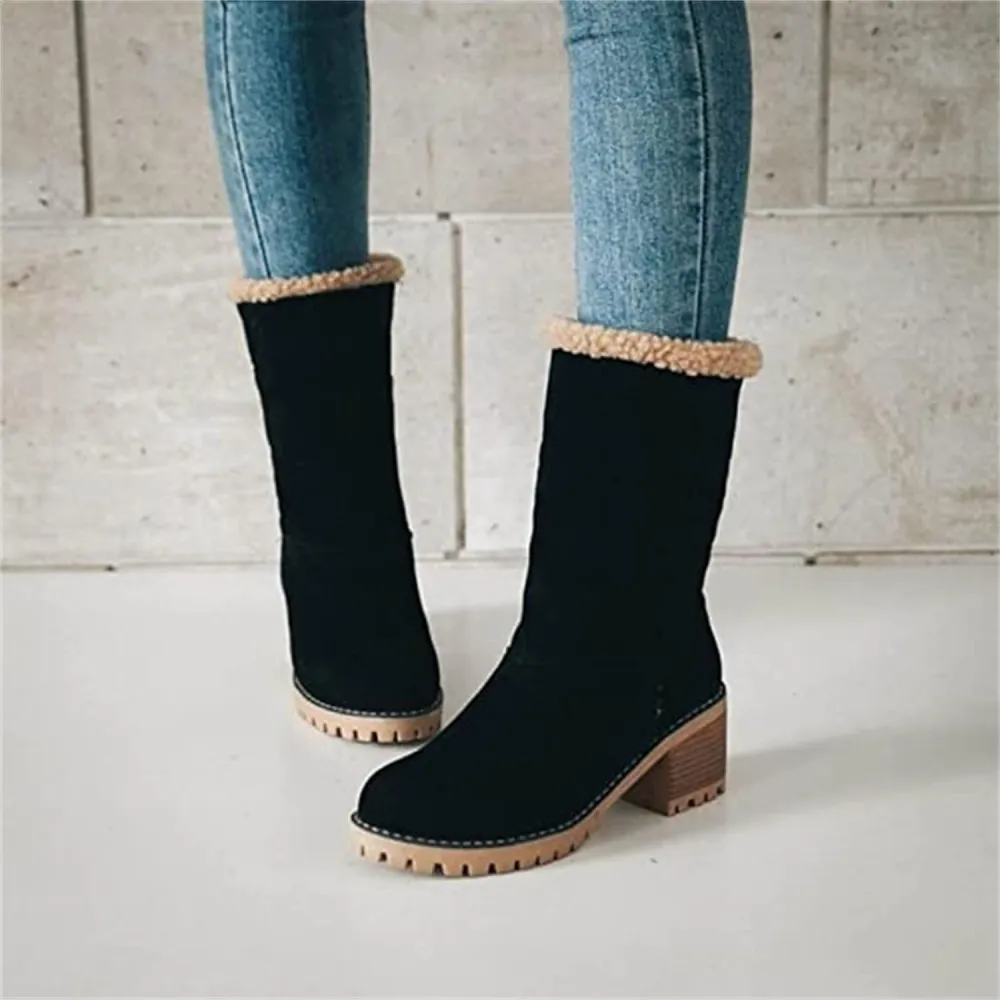 Women Snow Boots Winter Faux Fur Warm, Outdoor Hiking Booties Casual Fashion Soft Waterproof Windproof insulated Mid Calf Boots, Comfortable Thick Plush Keep Warm Shoes (Black 1,7)