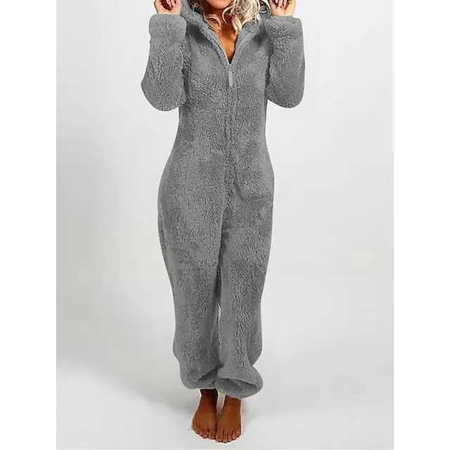 Women's Adult Onesies Onesie Pajamas Pure Color Plush Casual Comfort Home Daily Bed Polar Fleece Warm Hoodie Long Sleeve Fall Winter Light Pink claret