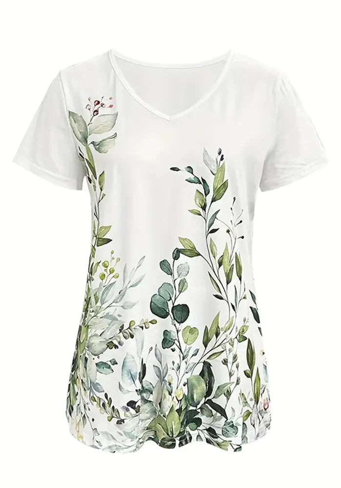 Women's Casual Floral Print Short Sleeve V Neck T-Shirt