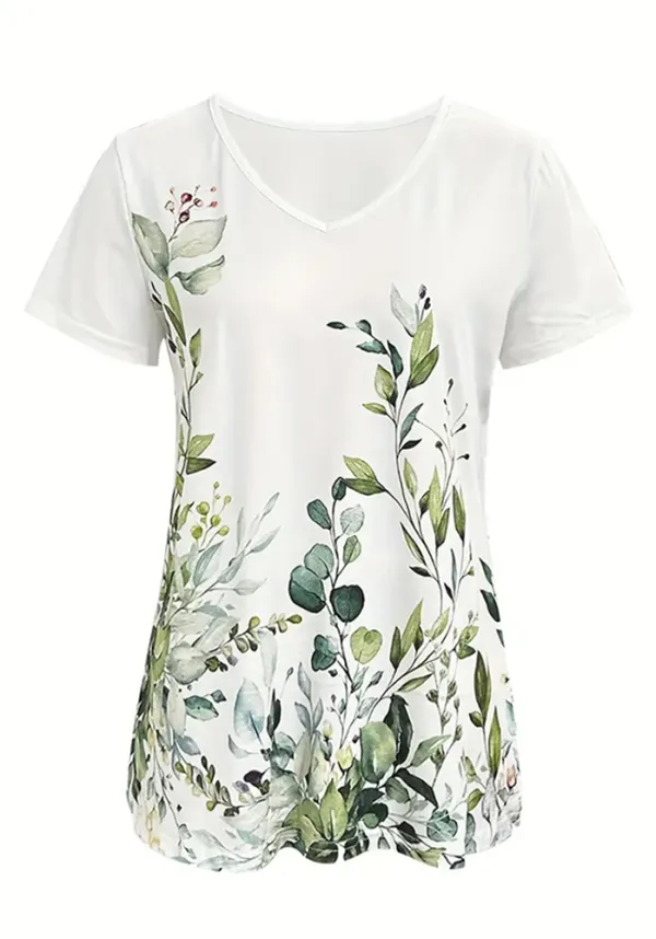 Women's Casual Floral Print Short Sleeve V Neck T-Shirt