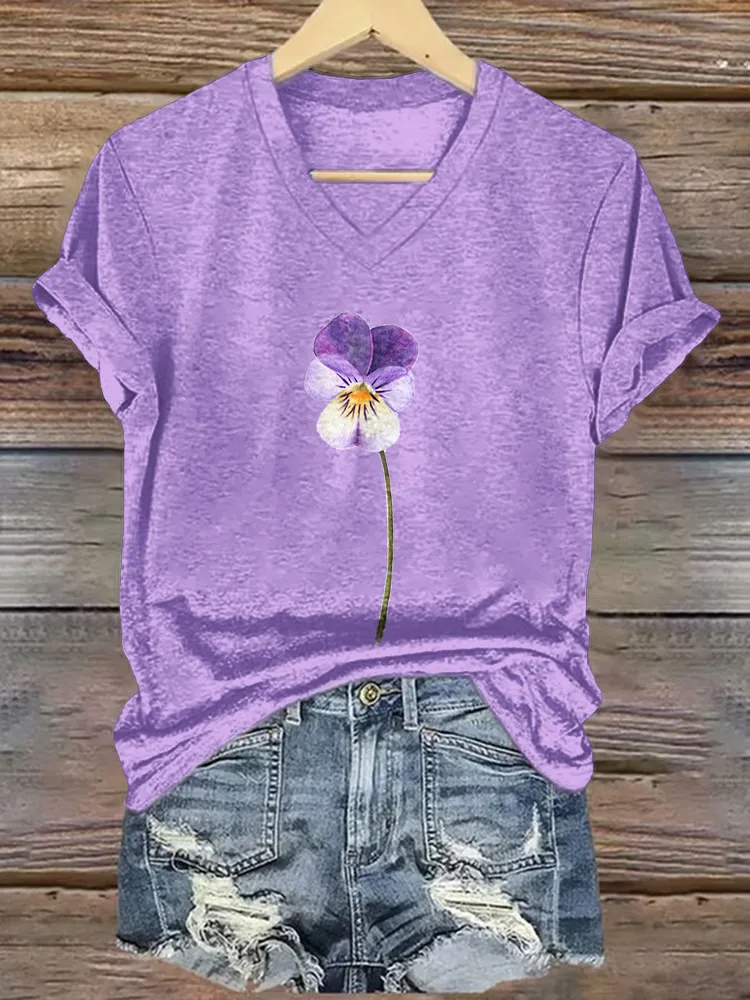 Women'S Floral Printed Alzheimer'S Awareness V-Neck Short-Sleeved T-Shirt