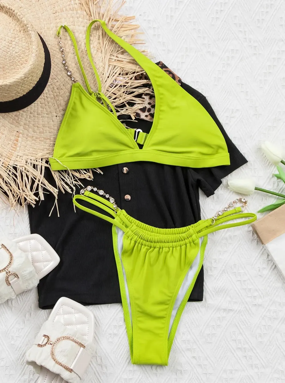 Spaghetti Straps Diamond Bikini Set