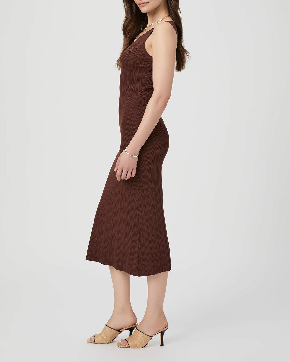 Brown Ribbed Sleeveless Midi Dress
