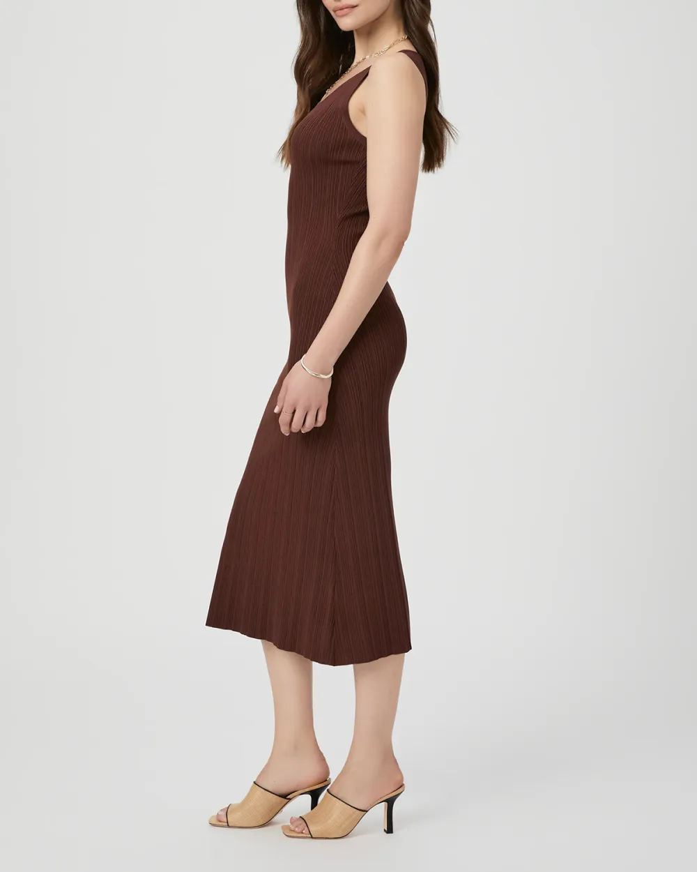 Brown Ribbed Sleeveless Midi Dress