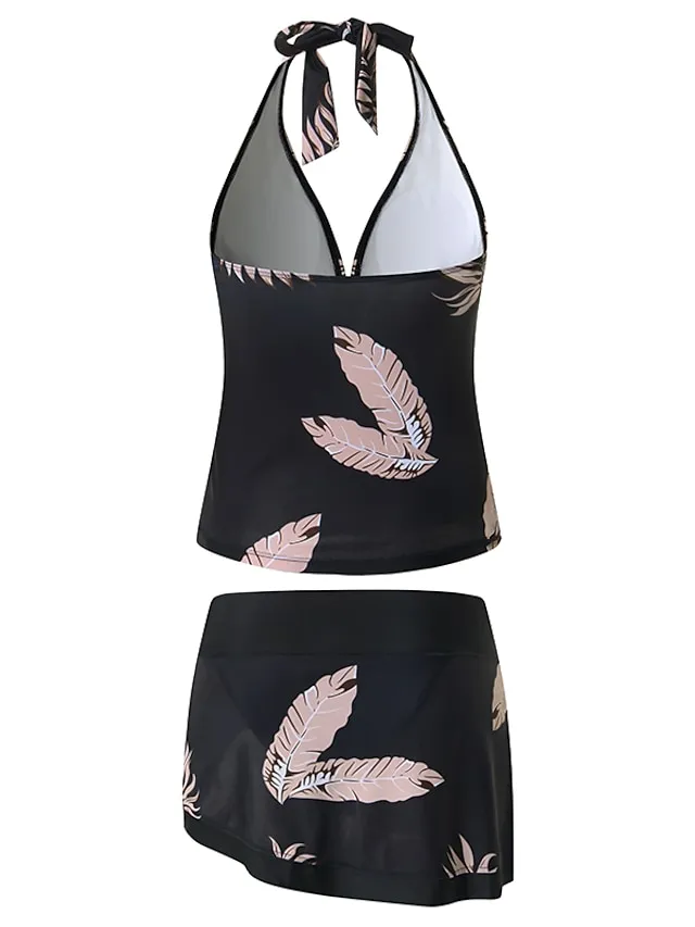Women's Swimwear Tankini Swim Dress 2 Piece Plus Size Swimsuit Halter 2 Piece Modest Swimwear Open Back Printing Trees / Leaves Black Halter V Wire Bathing Suits New Vacation Fashion