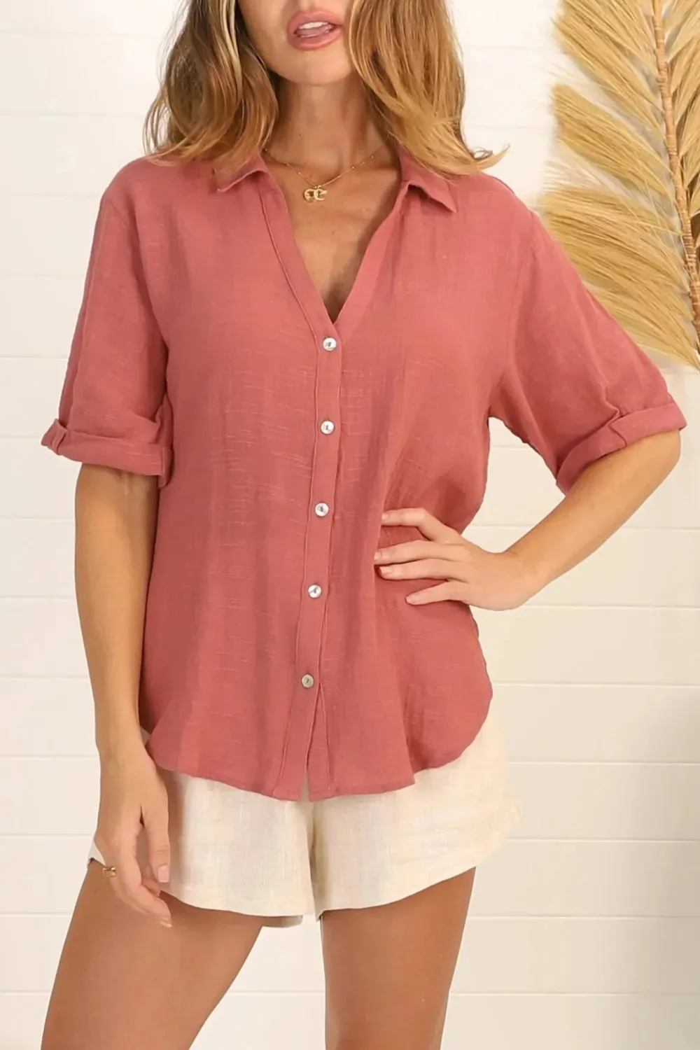 Coral Linen Short Sleeve Button Up Shirt