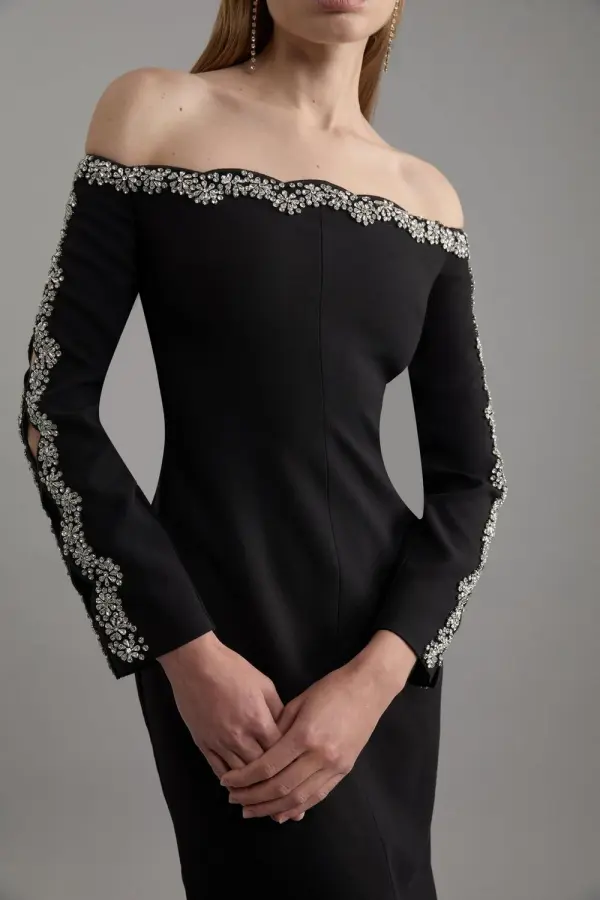 Crystal Embellished Scalloped Bardot Tailored Midaxi Dress
