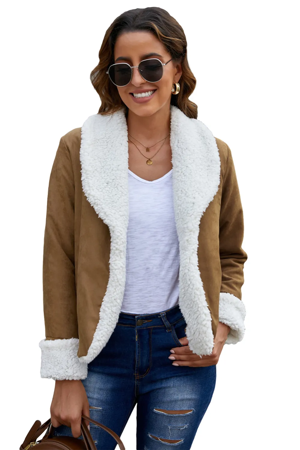 Brown Lapel Collar Fleece Open Front Coat