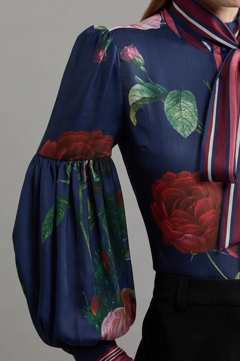 Woven Balloon Sleeve Tie Detail Blouse