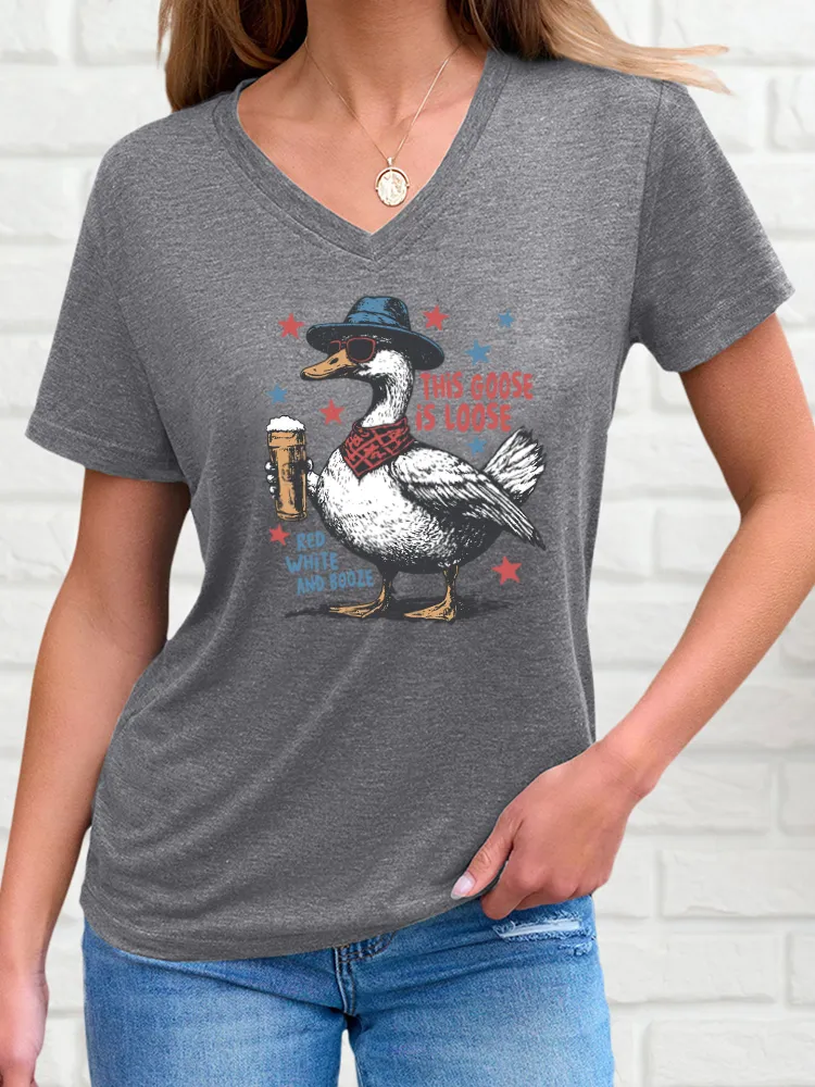 Woman'S This Goose Is Loose Red White And Booze Print Short-Sleeved T-Shirt