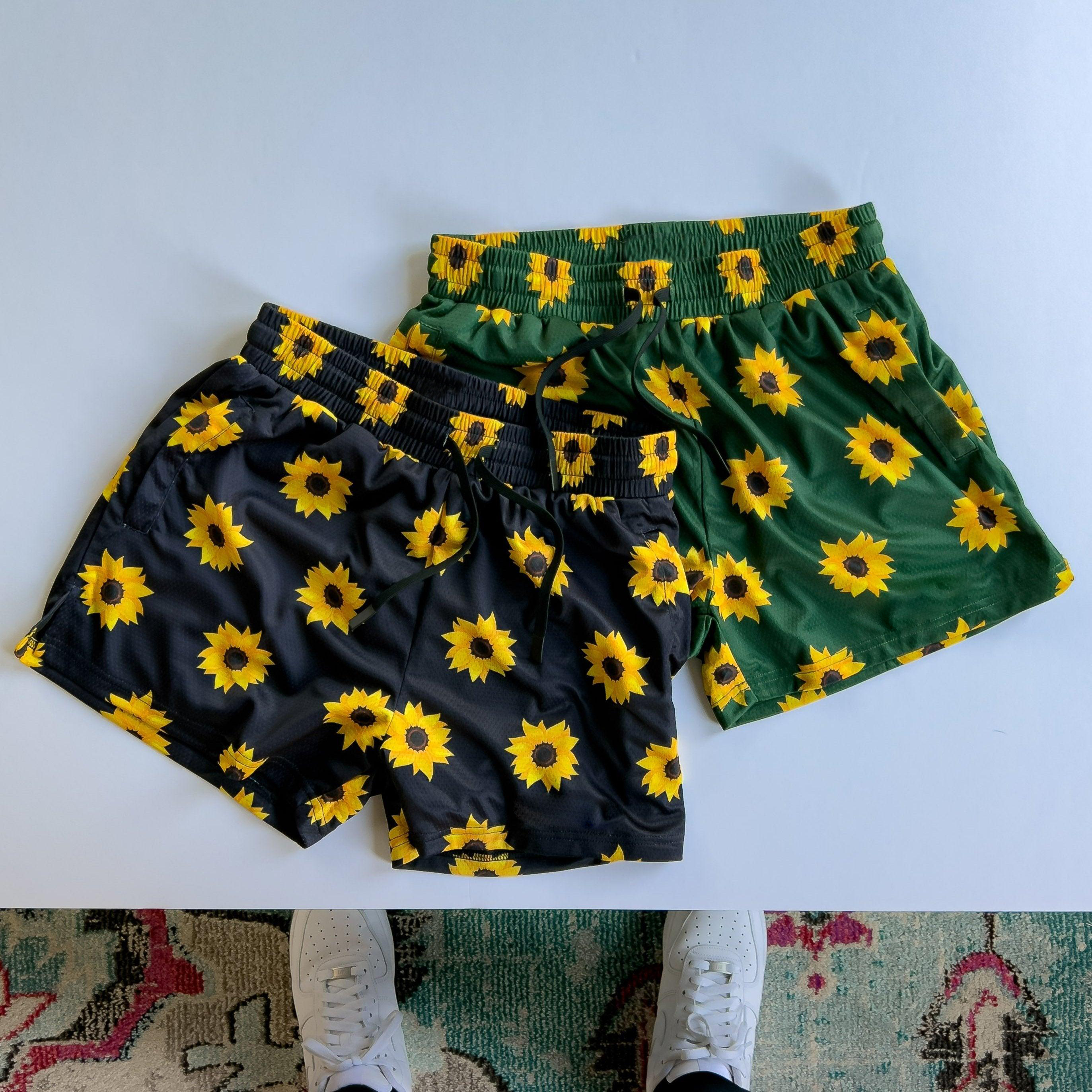 MUAY THAI SHORTS (MID THIGH CUT) SUNFLOWER - BLACK
