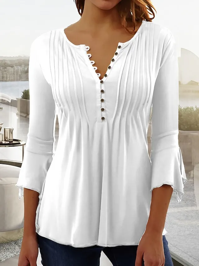 Women's Shirt Tunic Blouse Plain Casual Black White Wine Button Flowing tunic 3/4 Length Sleeve Basic V Neck Regular Fit