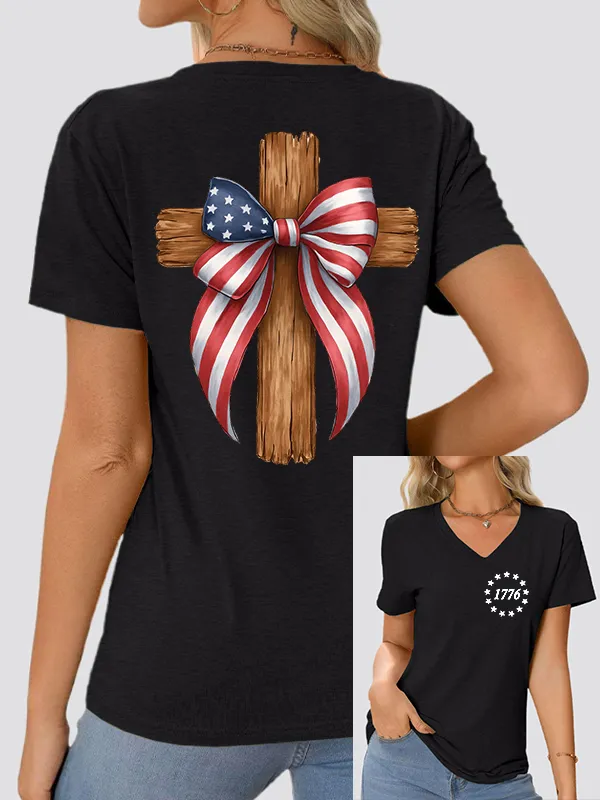 Woman'S Independence Day and Faith V-Neck And Short Sleeves T-shirt