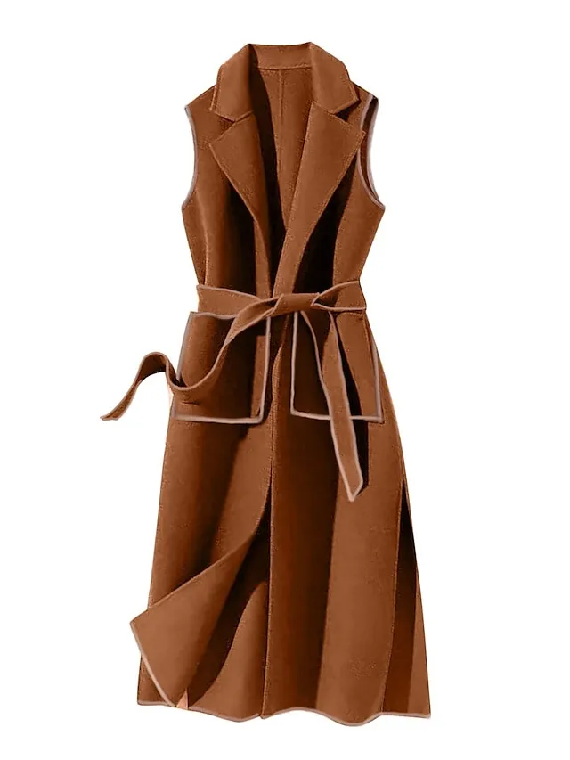 Women's Vest Winter Sleeveless Overcoat Long Pea Coat Fall Trench Coat with Belt Office Casual / Daily Fashion OuterwearBlack S