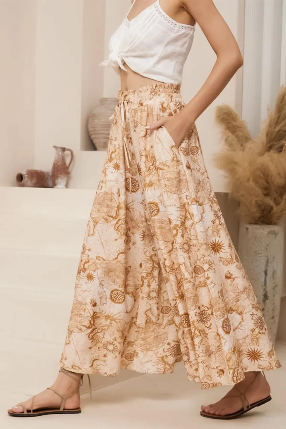 Light Khaki Patterned High Waist Wide Leg Trousers