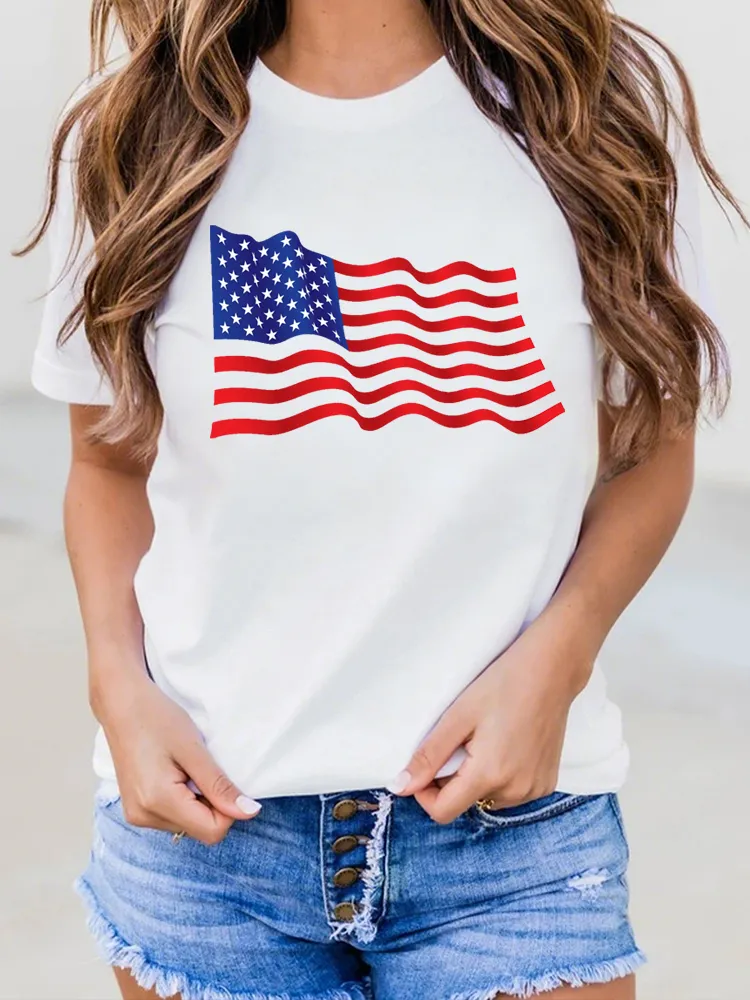 Woman'S Independence Day Flag Print Short-Sleeved T-Shirt