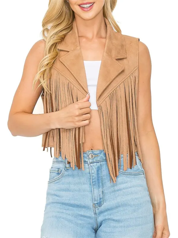Tan Western - Style Fringe Vest