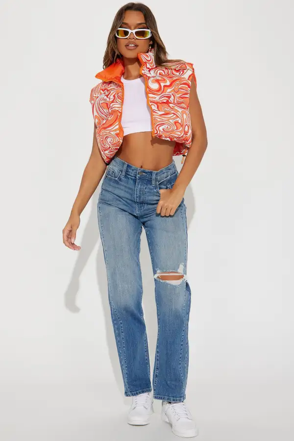 Swirls World Puffer Vest - Orange/combo
