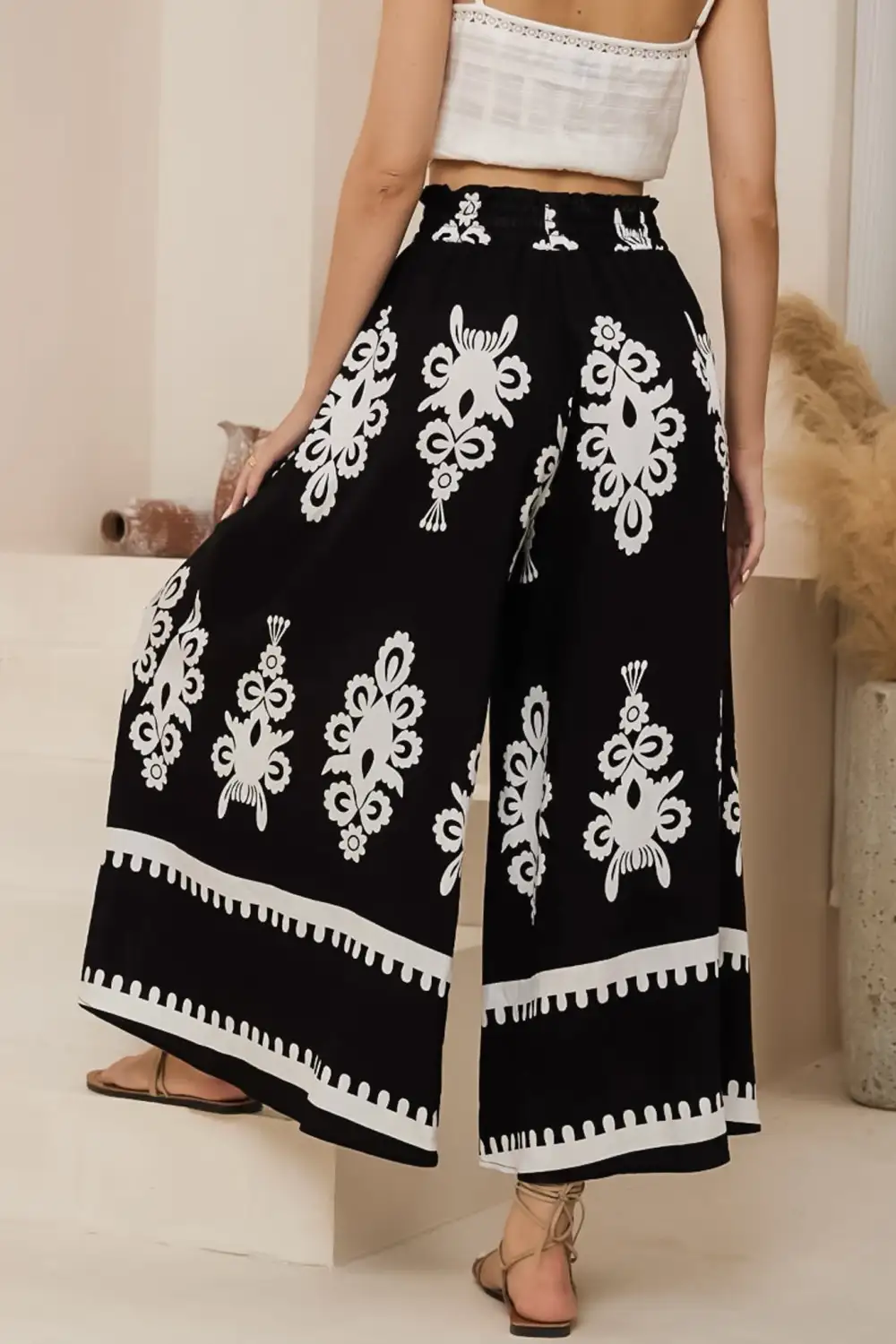 Black Patterned High Waist Wide Leg Trousers