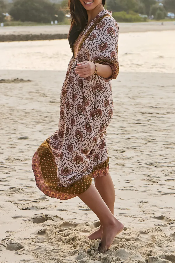 Brown Patterned V Neck Half Sleeve Maxi Dress