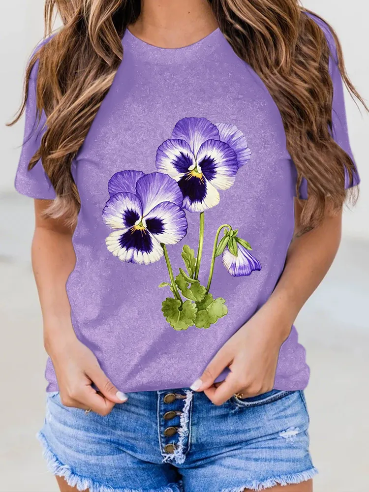 Women'S Floral Printed Alzheimer'S Awareness Short-Sleeved T-Shirt