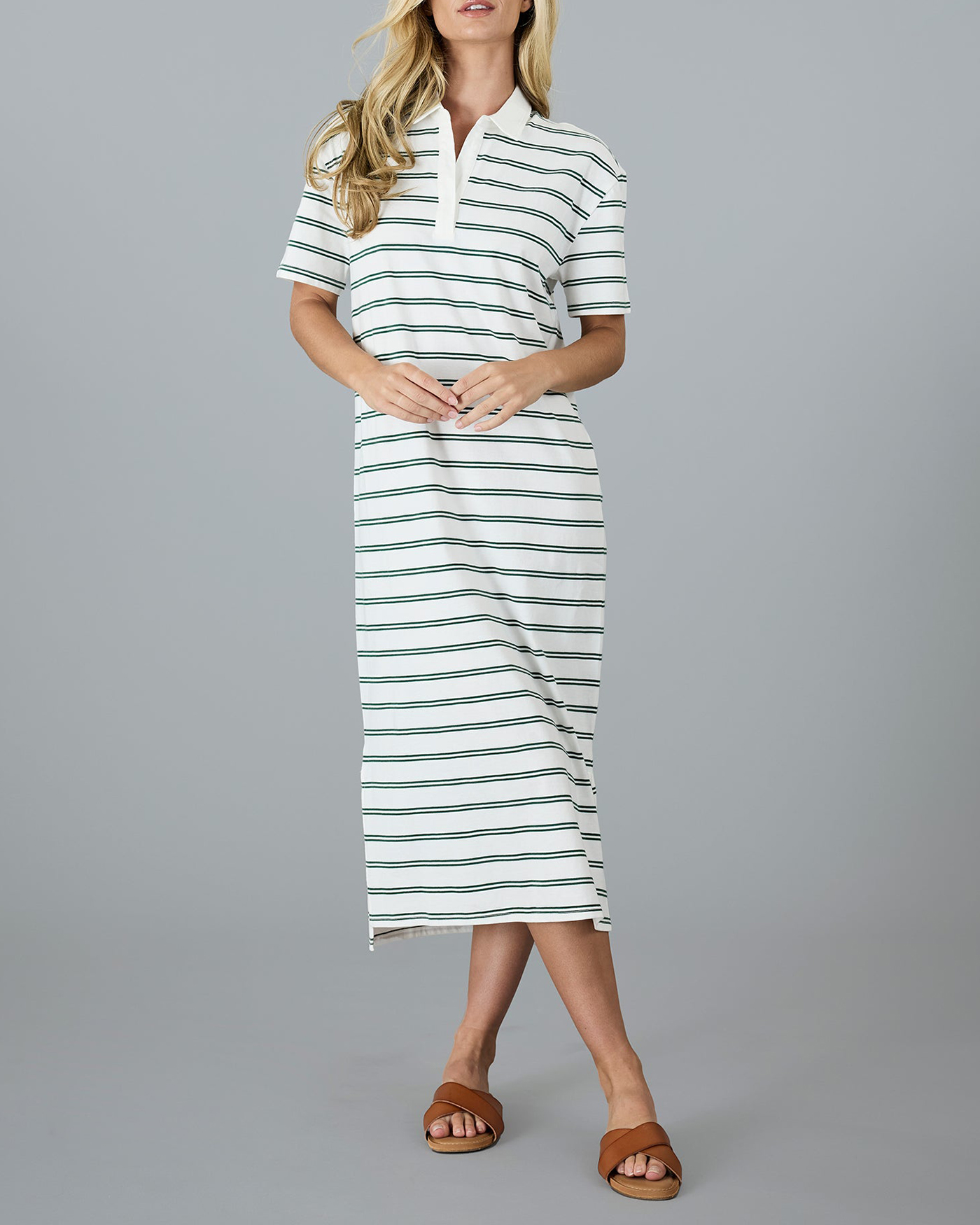 Green Polo Stripe Puff Sleeves Dress