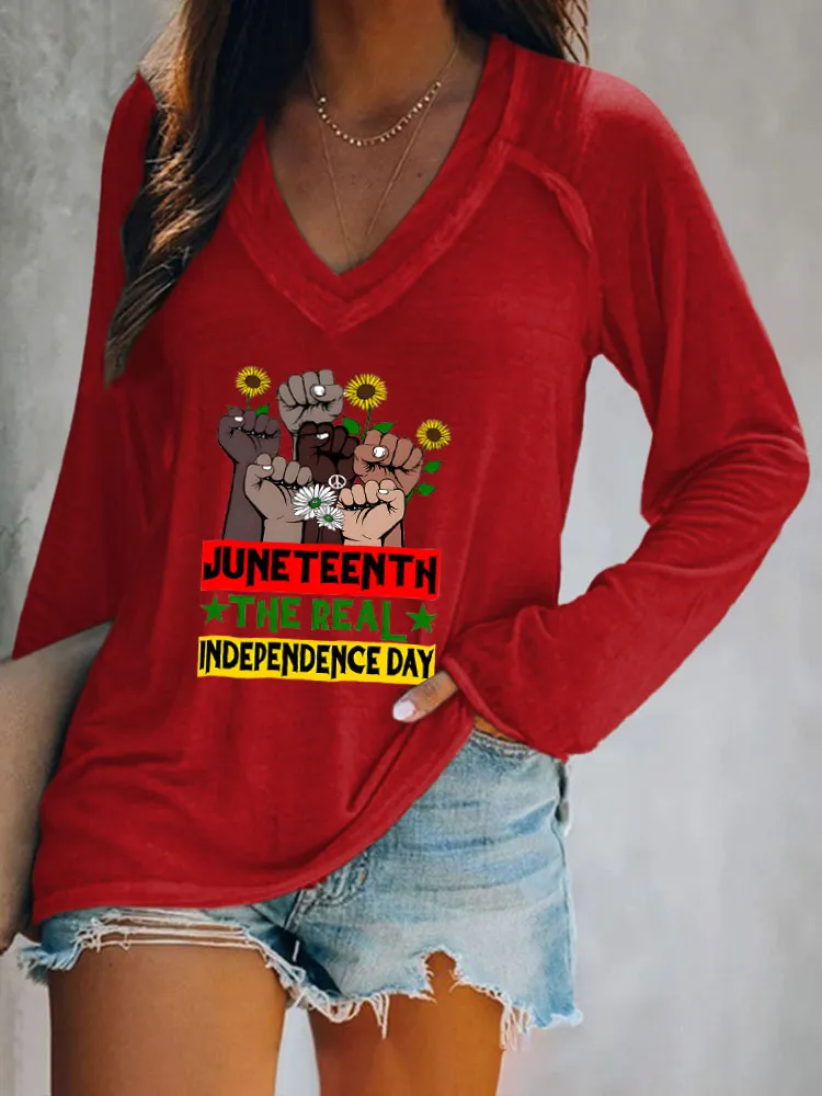 Women'S V-Neck Long-Sleeved T-Shirt Juneteenth The Real Independence Day