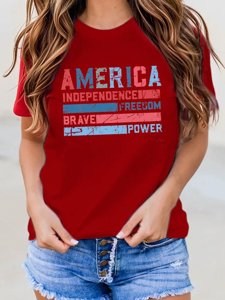 Woman'S America Independence Freedom Brave Power Round-Neck Short-Sleeved T-Shirt