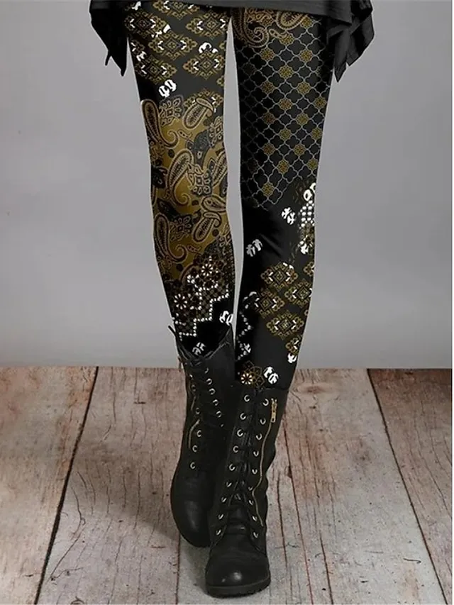 Women's Floral Pattern Leggings Full Length Print Micro-elastic High Waist Vintage Ethnic Style Halloween Daily Wear S 5XL Fall & Winter