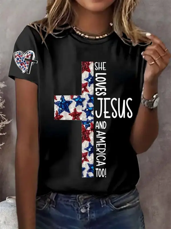Woman'S She Loves Jesus And America Too! Round-Neck Short-Sleeve T-Shirt