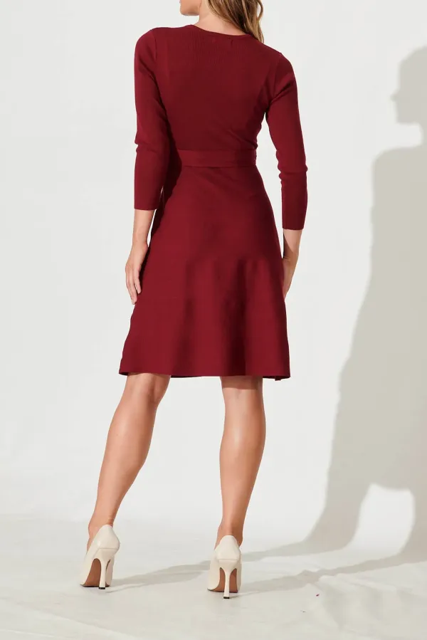 Burgundy Belted Knitted Dress