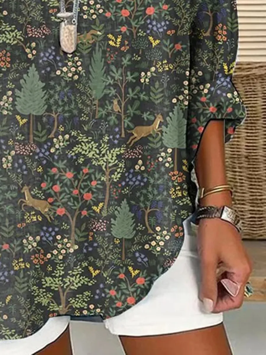 Women's Casual Forest Animal Plant Flower Cotton And Linen Shirt