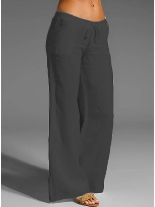 Women's Bootcut Culottes Wide Leg Chinos Cotton Faux Linen Solid Colored Baggy Mid Waist Lightweight Basic Wedding Daily Black White S M Spring &  Fall