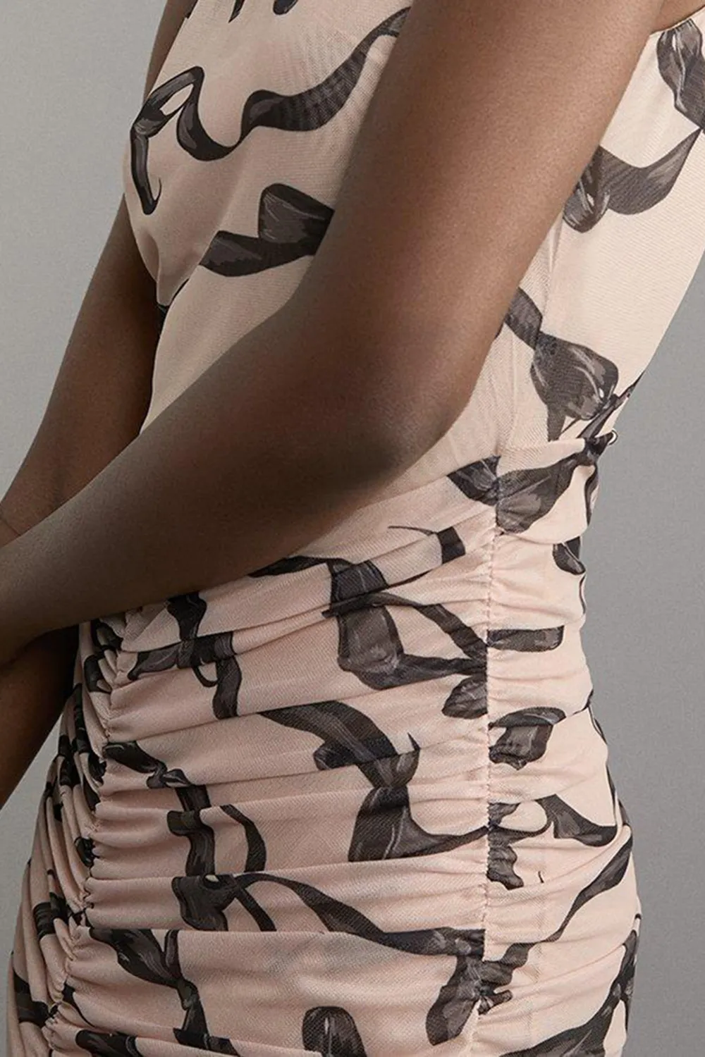 Black Bow Jersey Mesh Halter Ruched Midi Dress