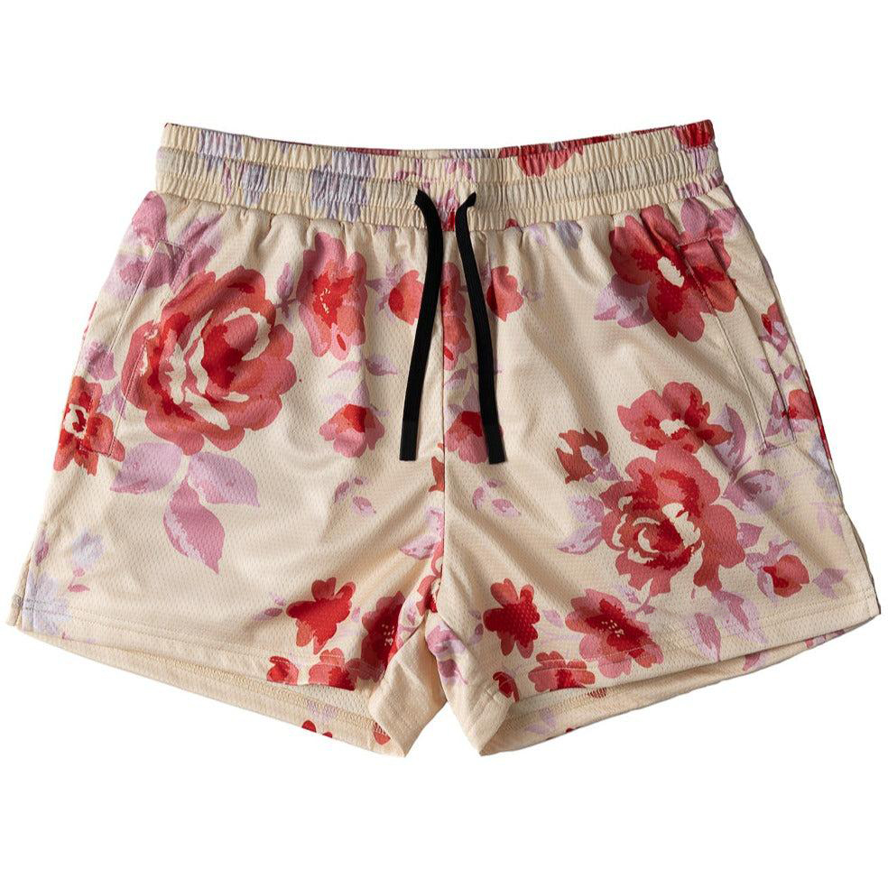 MUAY THAI SHORTS (MID THIGH CUT) FLORAL - CREAM