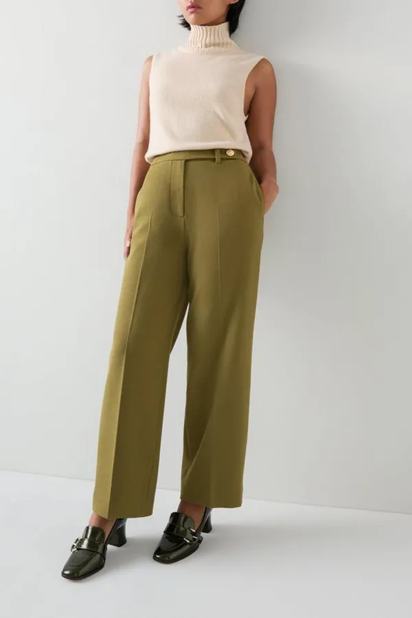 Olive Green High Waist Straight Leg Trousers