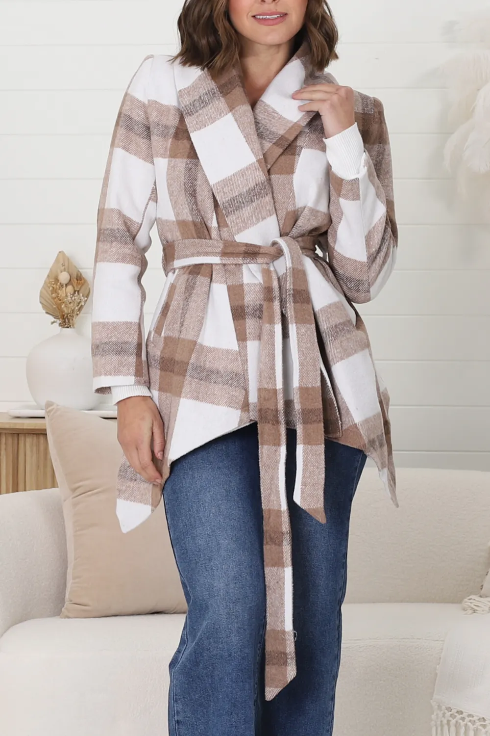 Taupe Plaid Belted Wrap Coat