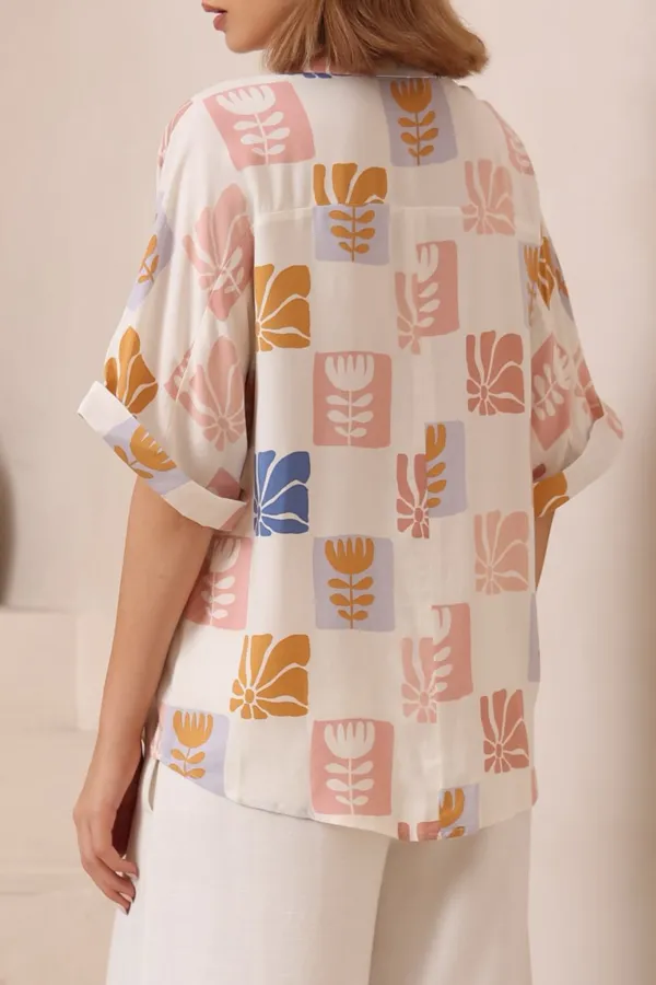 White Color Block Print Short Sleeve Shirt