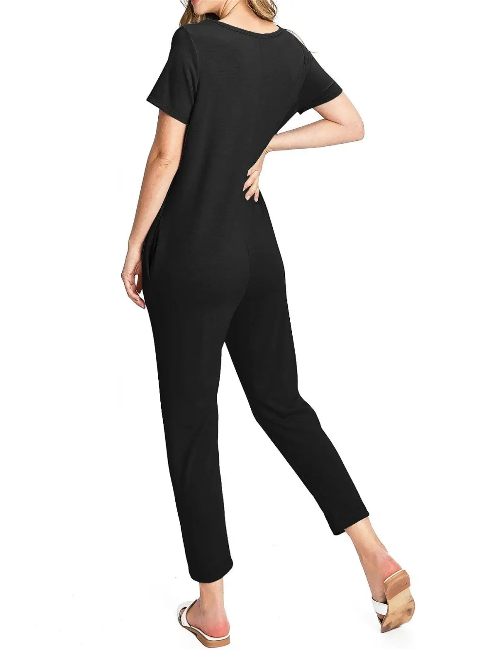 Black V - Neck Short - Sleeve Jumpsuit