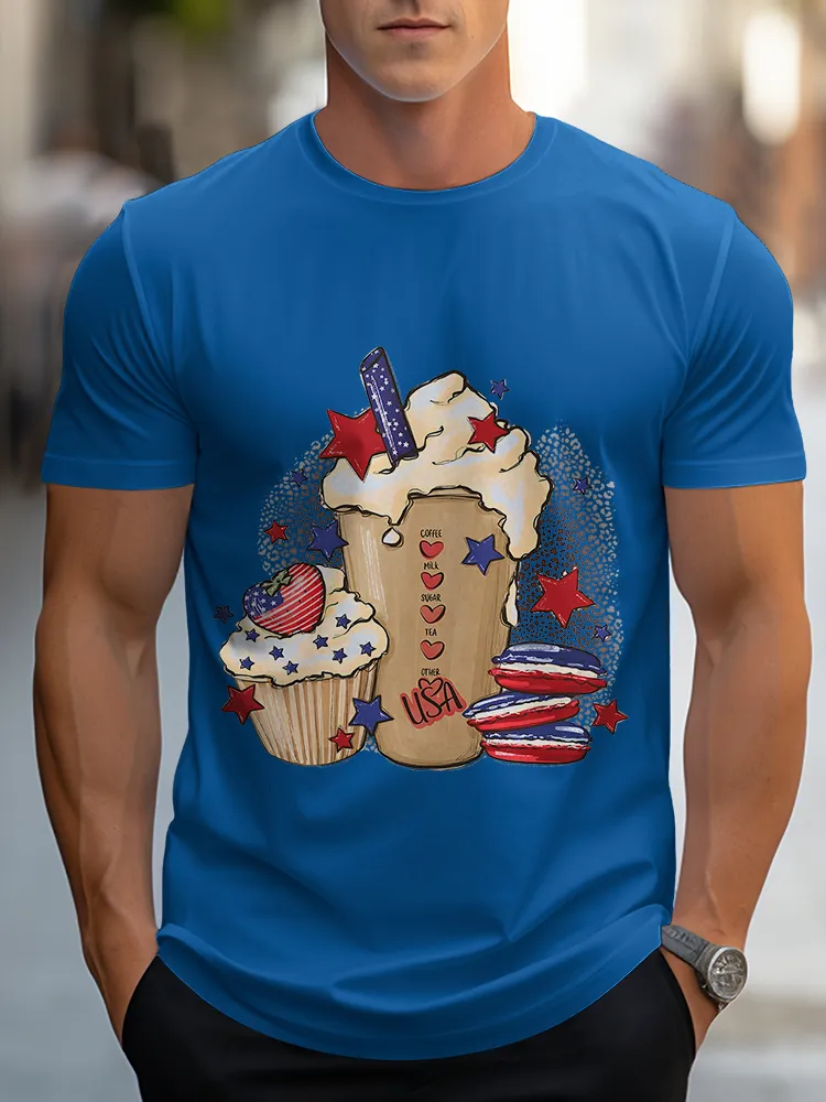 Man'S Dessert Print Round-Neck Short-Sleeved T-Shirt