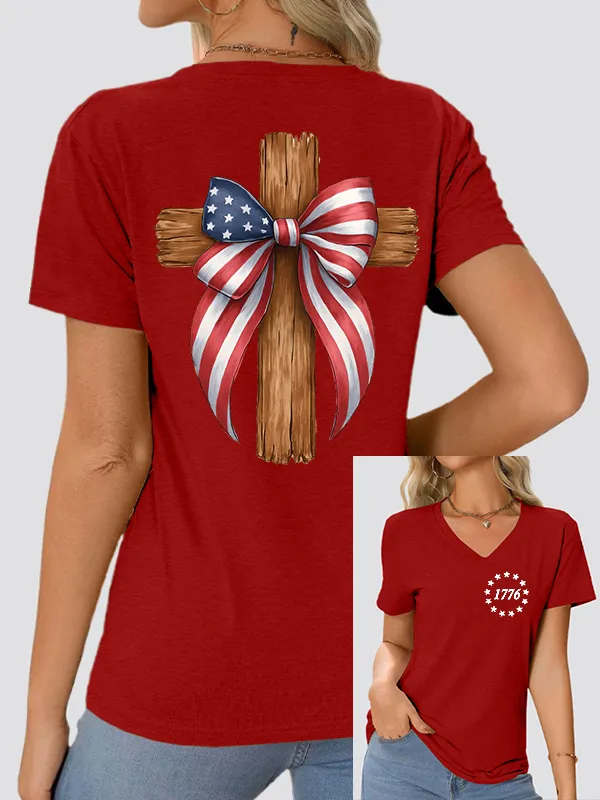 Woman'S Independence Day and Faith V-Neck And Short Sleeves T-shirt
