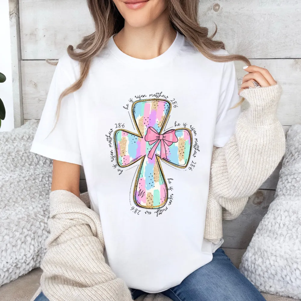 Colorful Cross Pattern With Pink Bow T-Shirt
