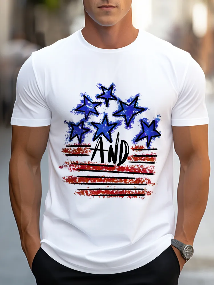 Man'S Star And Striped Prints Round-Neck Short-Sleeved T-Shirt