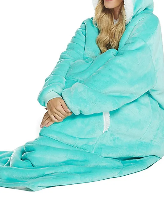 Women's Wearable Blanket Hoodie Blanket Pajama Loungewear Pure Color Warm Plush Casual Home Daily Bed Flannel Warm Breathable Hoodie Long Sleeve Pocket Fall Winter Lake blue Black