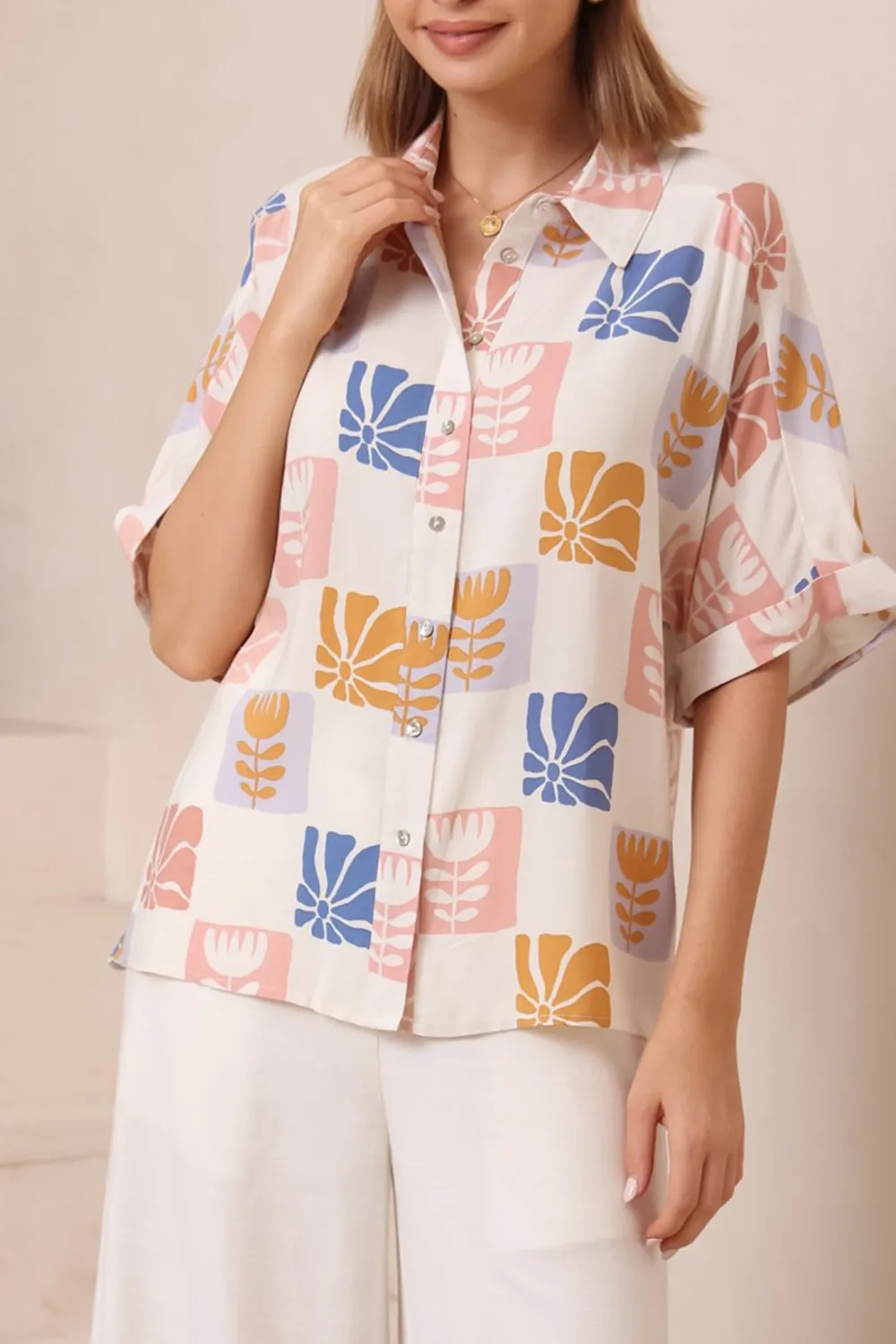 White Color Block Print Short Sleeve Shirt