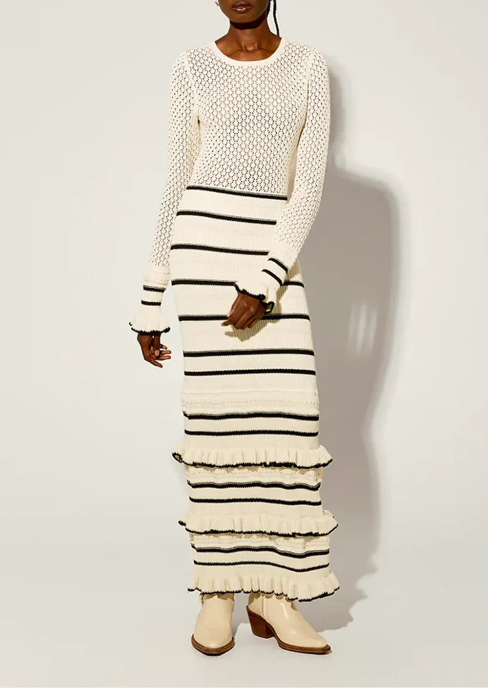 Crochet Knit Striped Ruffled Maxi Dress