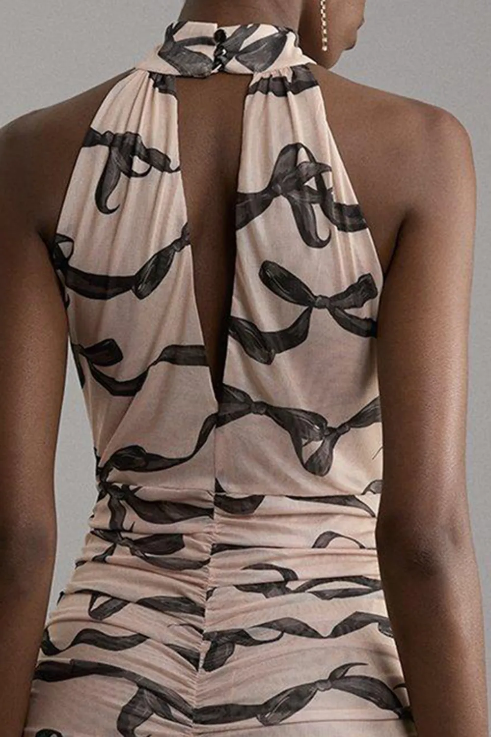 Black Bow Jersey Mesh Halter Ruched Midi Dress