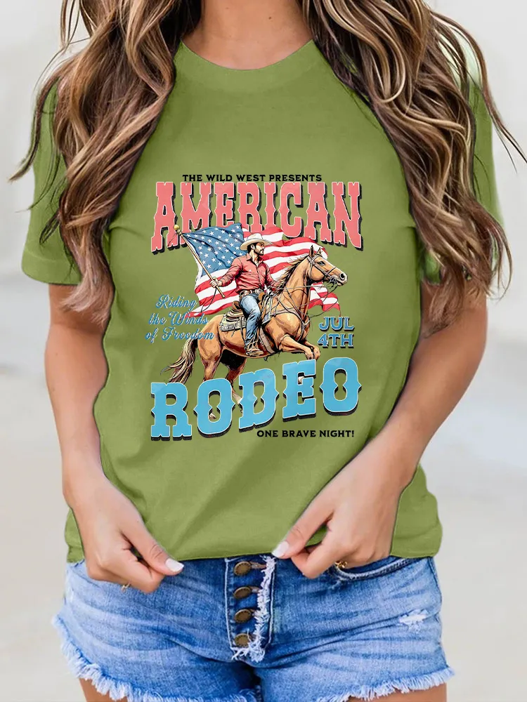 Woman'S American Robeo Round-Neck Short-Sleeved T-Shirt