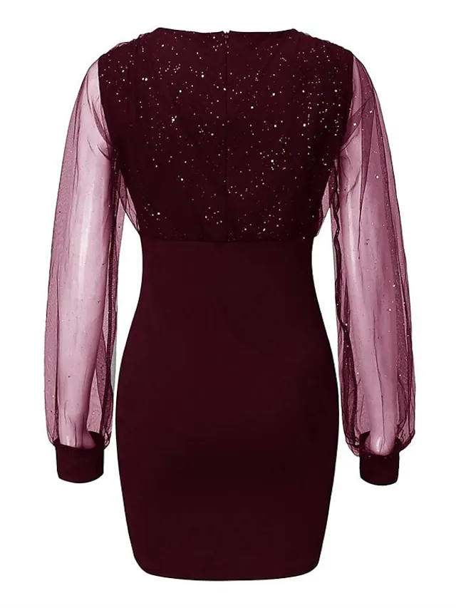 Women‘s Little Black Dress Sexy Dress Party Dress Homecoming Dress Sheath Dress Mini Dress Wine Purple Long Sleeve Mesh Dress Spring Fall Winter V Neck Fashion Party Wedding Guest