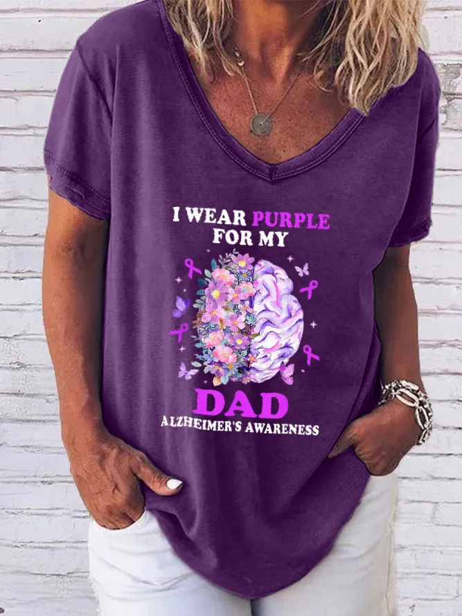 Women'S V-Neck Short-Sleeved T-Shirt I Wear Purple For My Dad Alzheimer'S Awareness Prints